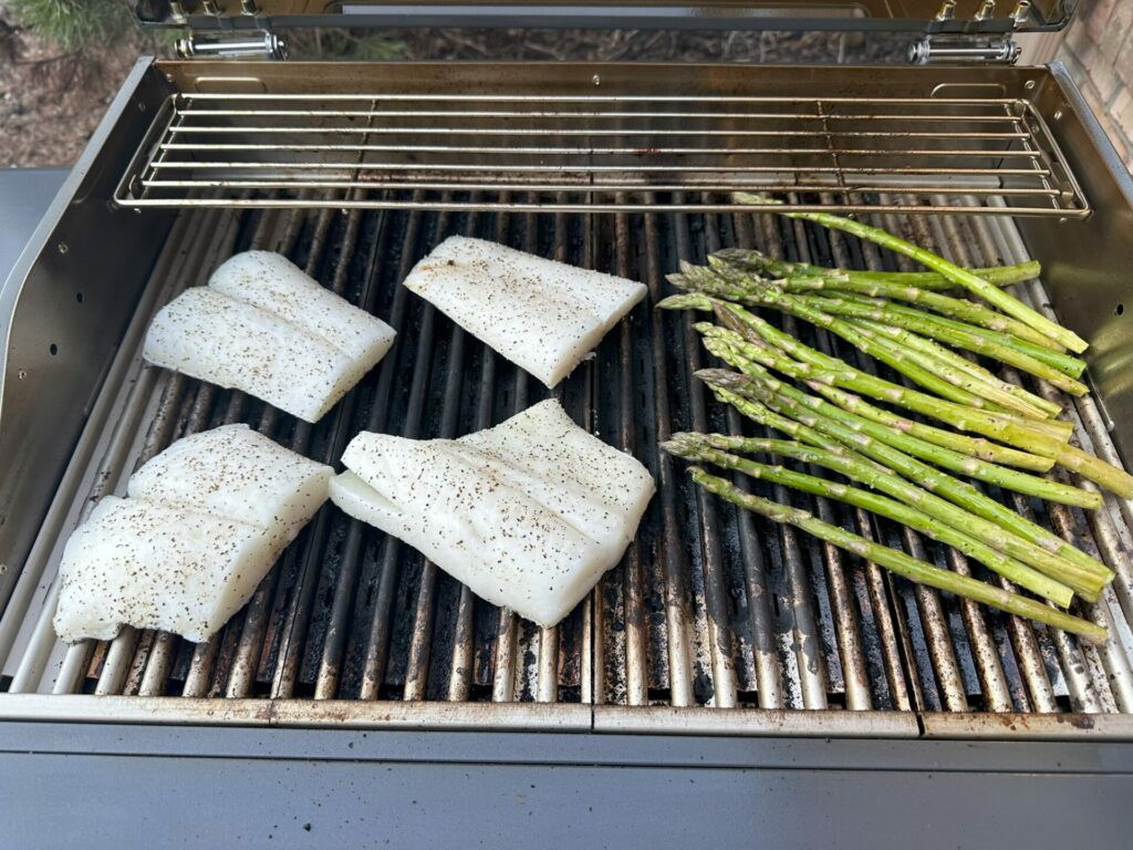 Current Backyard Model G Electric Grill Cooking Fish and Asparagus